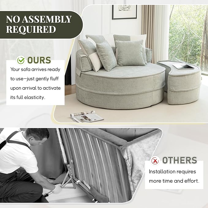 47.63'' Oversized Accent Barrel Chair with Ottoman Modern Round Boneless Idoor Chaise Lounge Chair and A Half Comfy Velvet Compression Large Reading Armchair with 5 Pillows for Living RoomGreen