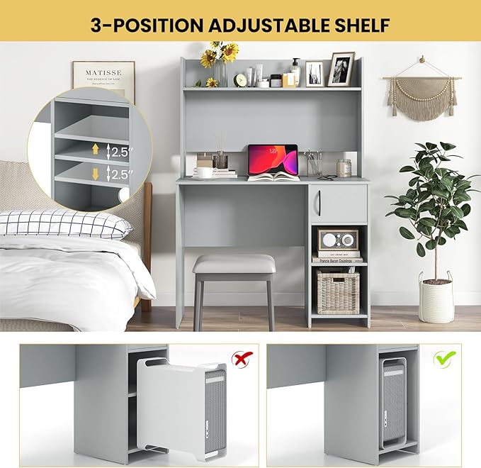 COSTWAY Computer Desk with Hutch Home Office Desk with Adjustable Shelf Modern Writing Table PC Desk with CPU Stand &amp Door Cabinet 2 Cable Management Holes Workstation for Bedroom Study Off