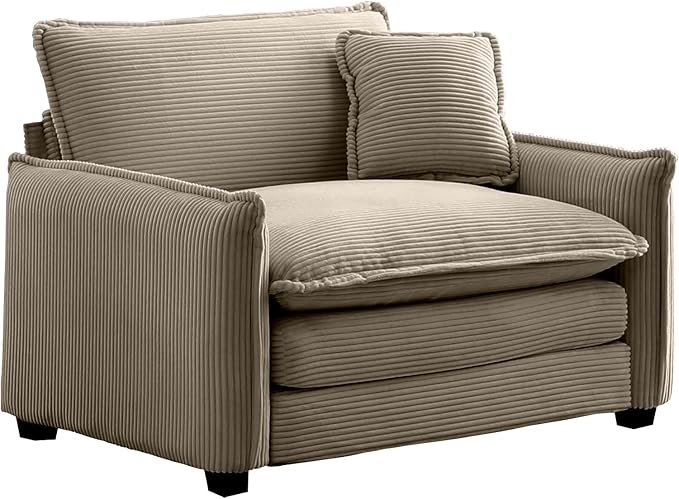 Oversized Deep Seat Single Sofa Chair 46 in Stylish Accent Couch Chair with One Throw Pillow Upholstered Corduroy Fabric Comfy Armchair for Living Room Bedroom Tan