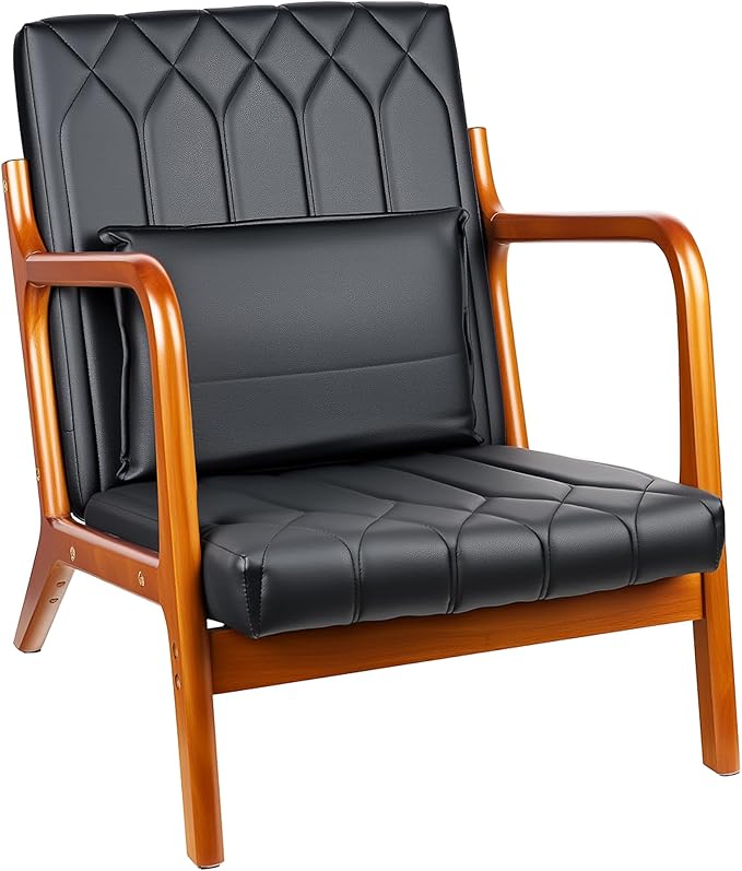 VECELO Mid-Century Modern Accent Chair with Faux Leather Cushion &amp Solid Wood Frame Lounge Armchair for Living Room Bedroom Office Black