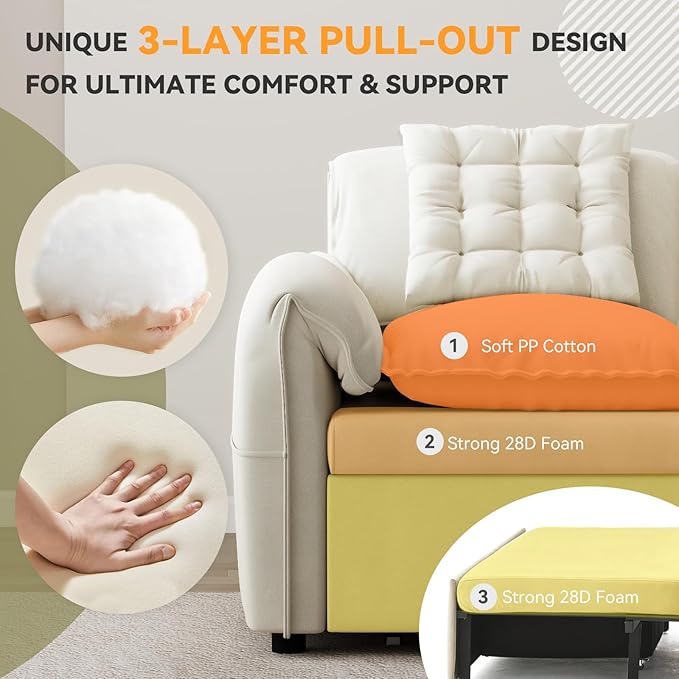 3-in-1 Sleeper Sofa Bed(87 Length)62.9 W Couch with Pull Out Bed with 6-Position Adjustable BackrestHidden Storage &amp USB for Living RoomBeige