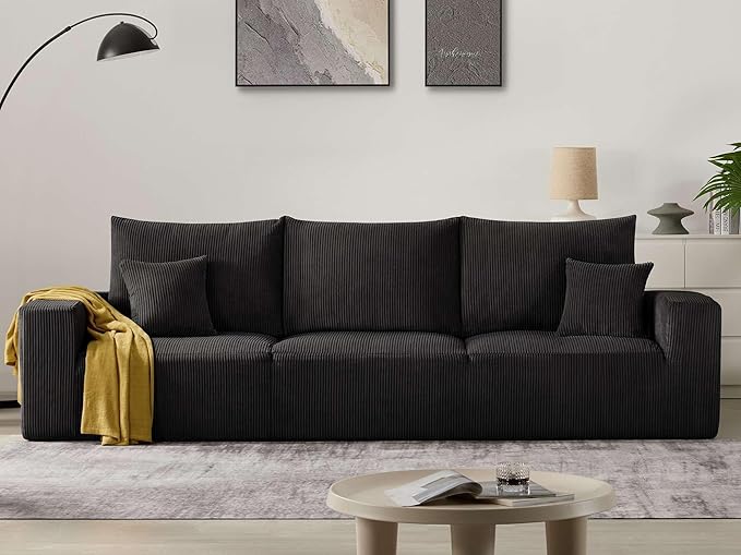 Modern Sleeper Sofa Couches for Living Room-113 Black 3 Seater Boneless Cloud Couch-No Assembly Required Modular Corduroy Convertible Full Sponge Compression Sofas for House Apartment