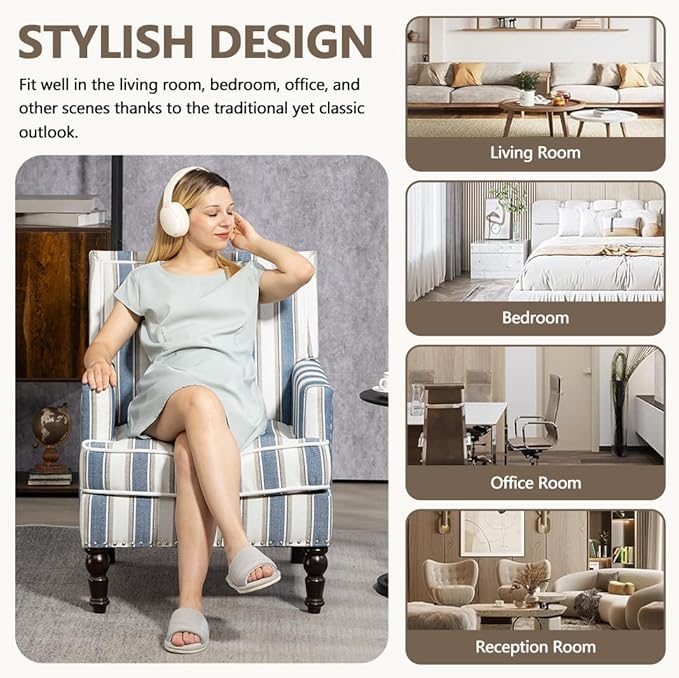 Striped Accent Chair Upholstered Armchair &amp Blue Side Chair for Living Room Bedroom Modern Farmhouse|Wood Legs