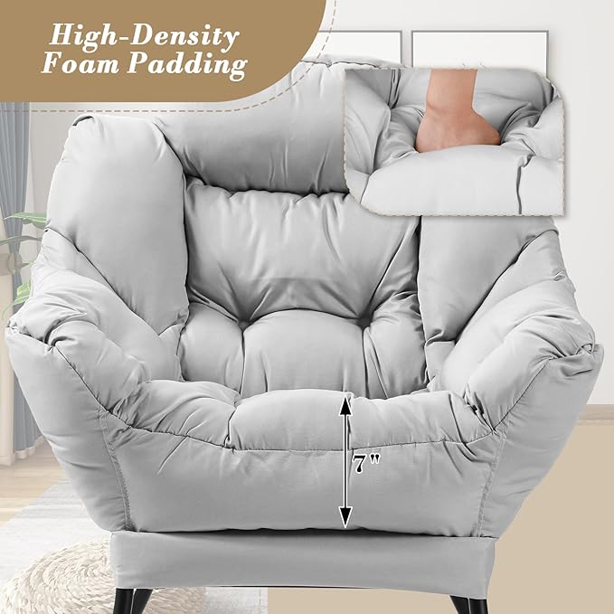 Athena Collection Lazy Lounge Chair with Ottoman Modern Soft Reading Arm Chair for Adults Comfy Sofa Armchair with Footrest and Side Pocket for Corner Living Room Bedroom Small Space Grey