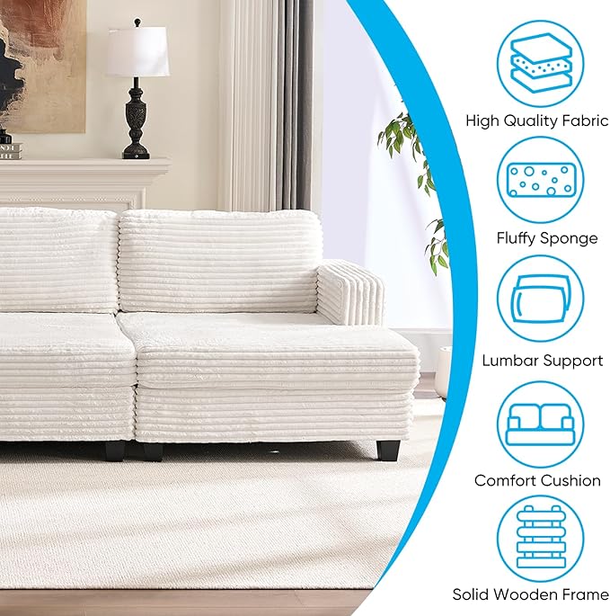 Mjkone 120 W Oversized Deep Seat Sofa Upholstered Corduroy 3 Seat Sofa Modular Sectional Couch with Wooden Frame Modern Sleeper Sofa Bed for Living Room Office Beige