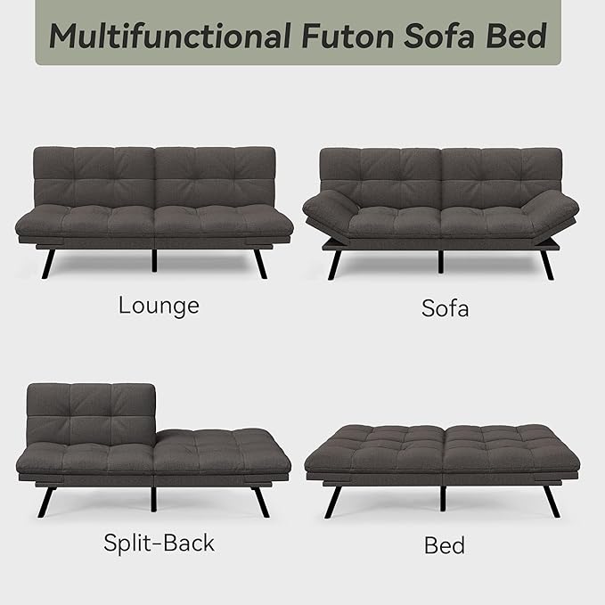 Convertible Futon Sofa Bed71 Memory Foam Futon CouchDetachable CushionAdjustable Backrest &amp ArmrestLinen Modern Loveseat Sleeper Recliner for Living RoomOfficeApartmentClassic Grey