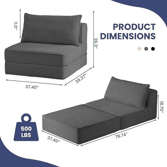 Folding Sofa Bed Convertible Sleeper Chair with PillowCorduroy Comfy Floor Futon for Living Room BedroomModern Accent Reading ChairNo Assembly RequiredGrey