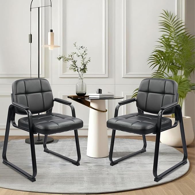 CLATINA Waiting Room Guest Chair with Bonded Leather Padded Arm Rest for Office Reception and Conference Desk Black with Sled Base
