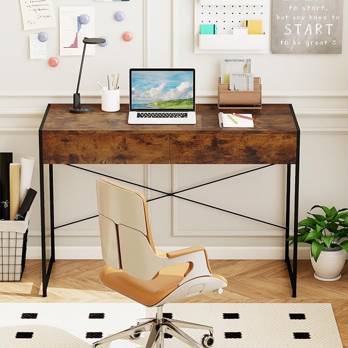 GOFLAME Modern 2-Drawer Computer Desk Home Office Desk w/Reinforced Heavy-Duty Metal Frame Versatile Study Writing Desk w/Anti-Tip Kit Ideal for Study Office Small Spaces (Rustic Brown)