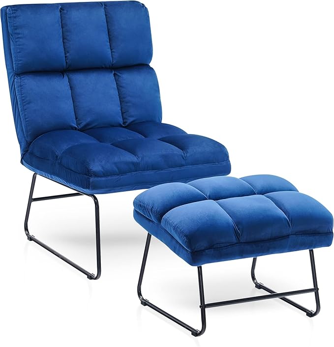 MCombo Velvet Accent Chair with Ottoman Set Modern Armless Chair for Living Room Bedroom Small Space 0014 (Velvet Blue)