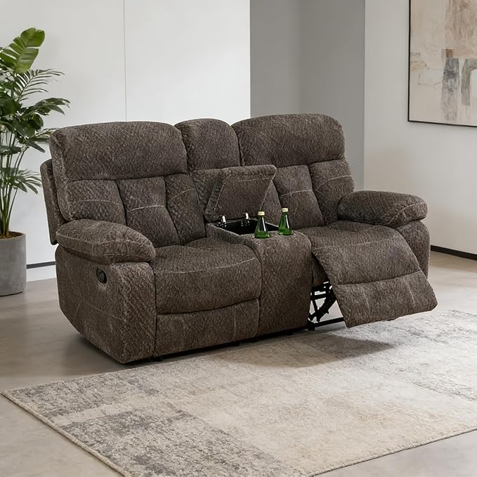 Manual Recliner Sofa for 2 SeatsFlanne Reclining Living Room CouchDouble Recliner Loveseat with Storage Console and Cup Holders for House/Office/Loft/RV(Brown Flanne2 Seats)