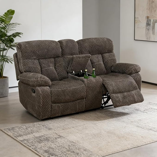 Manual Recliner Sofa for 2 SeatsFlanne Reclining Living Room CouchDouble Recliner Loveseat with Storage Console and Cup Holders for House/Office/Loft/RV(Brown Flanne2 Seats)