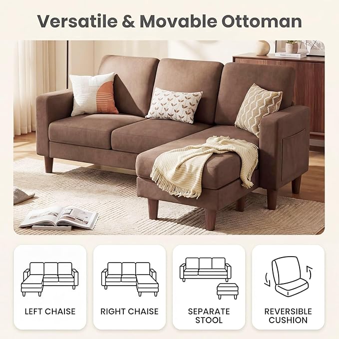 Homall 3 Seat Couch L Shape Sofa with Side Storage Pockage Sectional Couches with Reversible Ottoma Upholstered Sofa for Living Room and Small Spaces (Linen Fabric Coffee Brown)