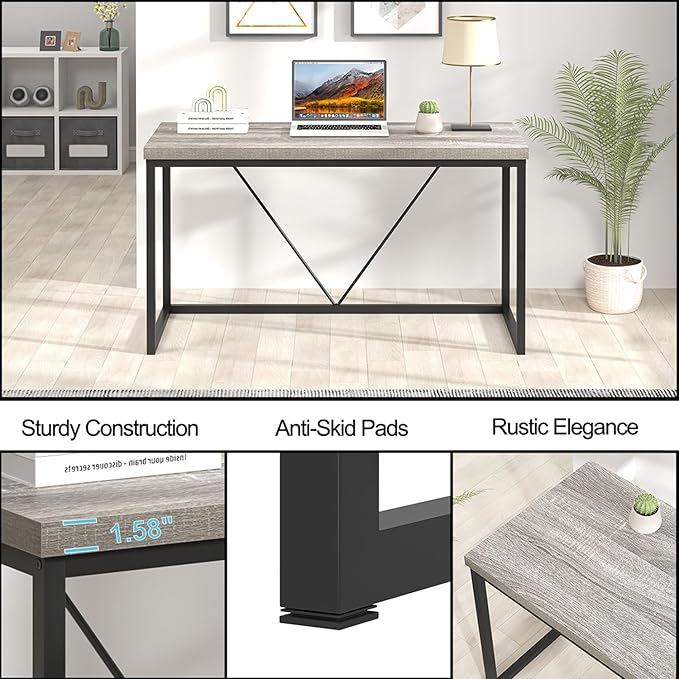 FOLUBAN Modern Home Office Desk Industrial Vintage Computer Desk Rustic Wood and Metal Study Writing Table Simple Work Gaming PC Desks for Bedroom Living Room Light Grey 53 Inch