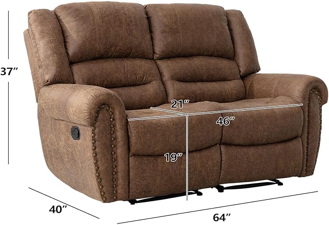 EBELLO Faux Leather Manual Loveseat Recliner 2 Seat Reclining Sofa Chair with Soft Padded Seat Backrest Couch Sofa Set for Living Room Bedroom Furniture Meeting Room Brown (Loveseat)
