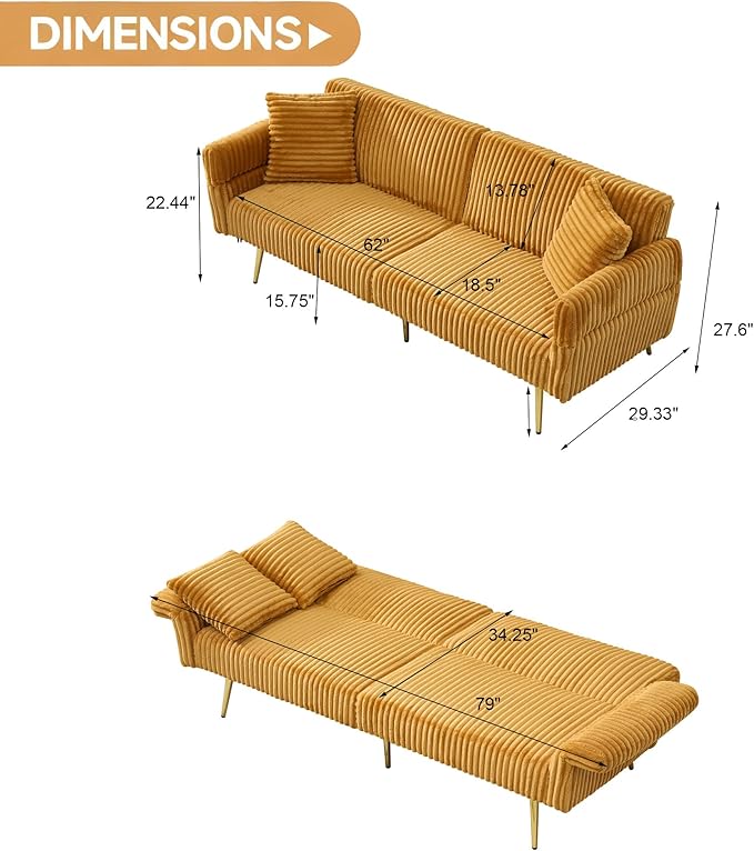 79 Corduroy Futon Sofa Bed Small Couch Loveseat Convertible Futon Sleeper Sofa with Folding Armrests and 2 Pillows Modern Couch for Living Room Bedroom Yellow