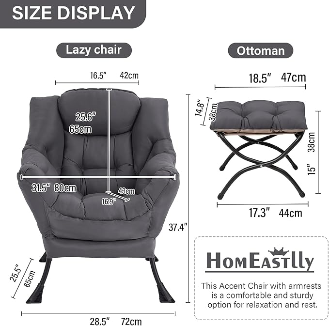 Lazy Chair with Ottoman Large Dark Grey Accent Chair with Ottoman Comfy Reading Armchair Leisure Sofa Chair for Living Room Bedroom Dorm Room Office