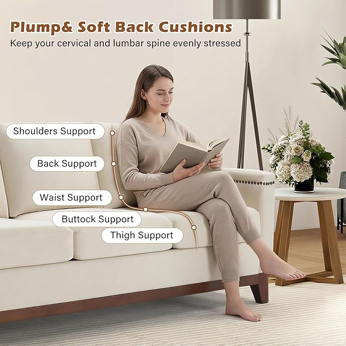 Modern 3 Piece Sofa Set with Rivets Included Chenille Loveseat 2-Seater Sofa Upholstered 3-Seater Couches with Solid Wood Legs and Storage Ottoman Living Room Furniture SetBeige
