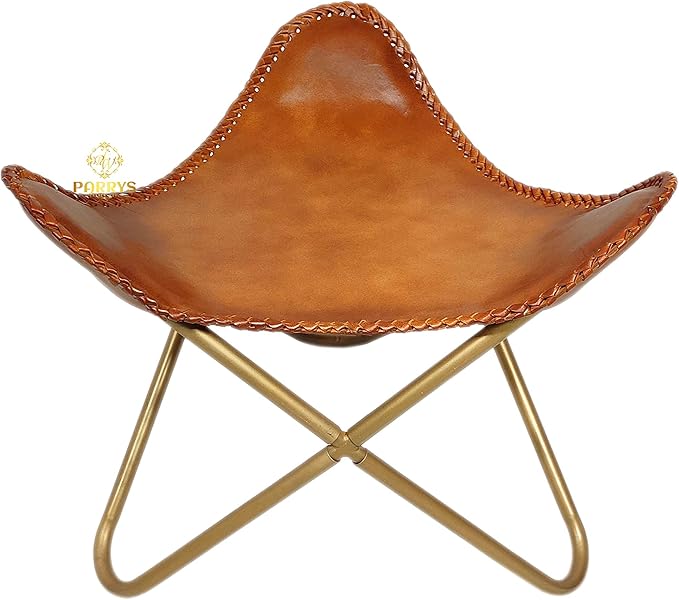 Genuine Brown Leather Butterfly Chair with Foldable Ottoman | Handmade Lounge Relax Arm Chair | Indoor/Outdoor Comfortable Arm Chair with Footrest Foot Stool