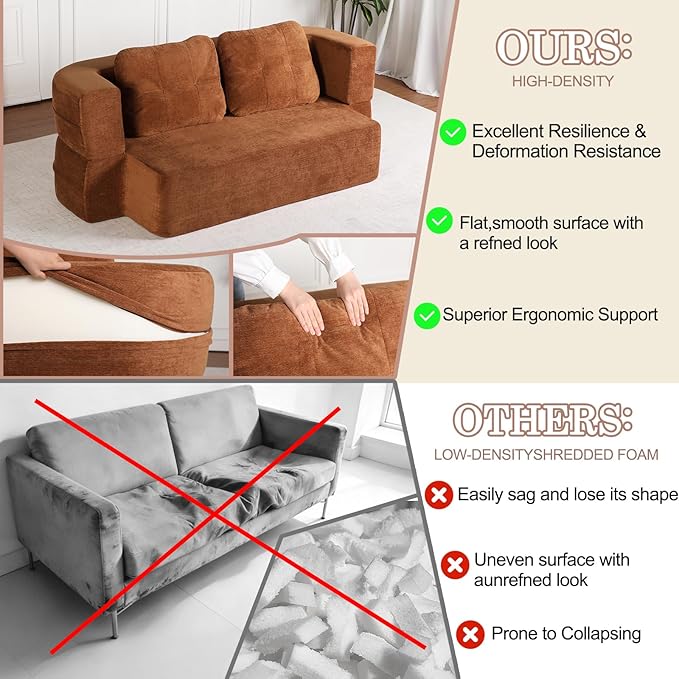 Folding Sofa Bed 78.7 Extra-Long Convertible Sofa Bed with 2 Pillows &amp Blanket 14.6 Thick High-Density Foam Boneless Couch for Bedroom Living Room Apartment Brown