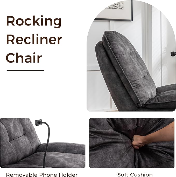 Swivel Rocker Recliner Chair for Adult Glider Nursery Rocking Chair Armless Single Recliner Sofa for Living Room Oversized &amp Overstuffed Phone Holder Included Black
