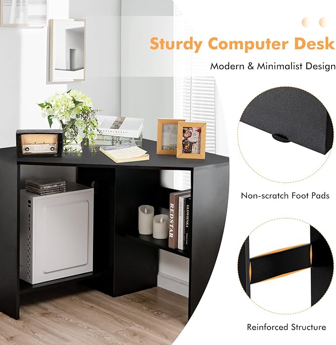 COSTWAY Corner Computer Desk Space-Saving Triangular Writing Desk w/ 2 Storage Shelves &amp 2 Cable Holes Multi-Functional Console Table for Small Space in Home Office Living Room Bedroom (Black)