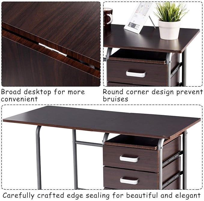Tangkula Folding Computer Desk with 3 Drawers Mobile Home Office Desk Portable Laptop Desk Writing Table Space Saving Compact Desk for Small Spaces Dorm Apartment