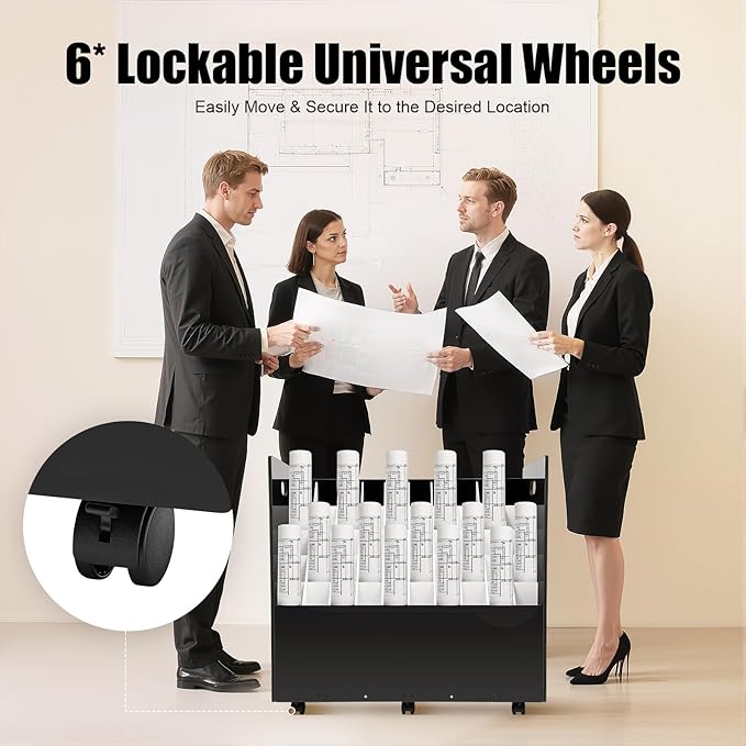 50-Slot Rolling File Organizer with Lockable Wheels - Heavy Duty Blueprint Holder Cart for Drawings Newspapers Documents Tubes (30x15.75x28.5in) - 5 Adjustable Tier Depths Easy Assembly