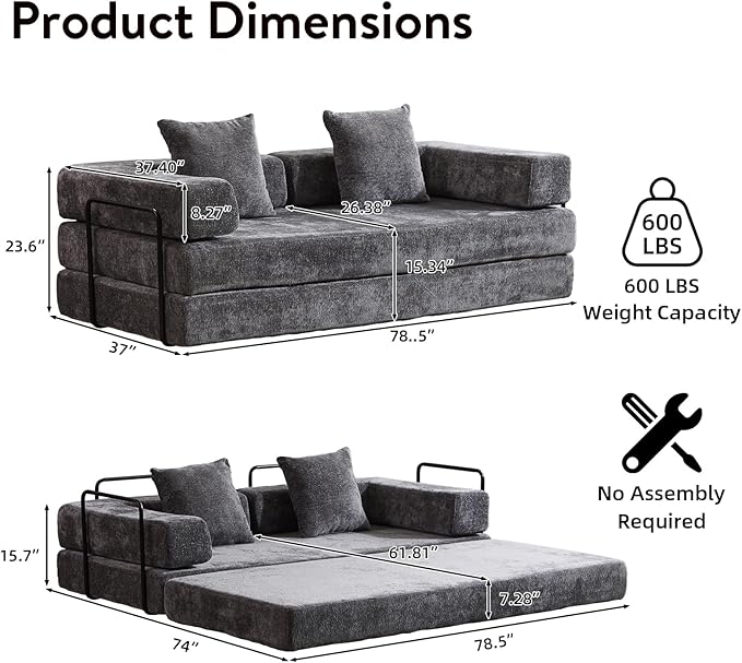 Folding Sofa Bed Convertible Sleeper Sofa Chenille Floor Couch with Pillows Fold Out Couch King Size Bed Futon Foldable Memory Foam Mattress for Living Room Bedroom Playroom (Dark Grey)