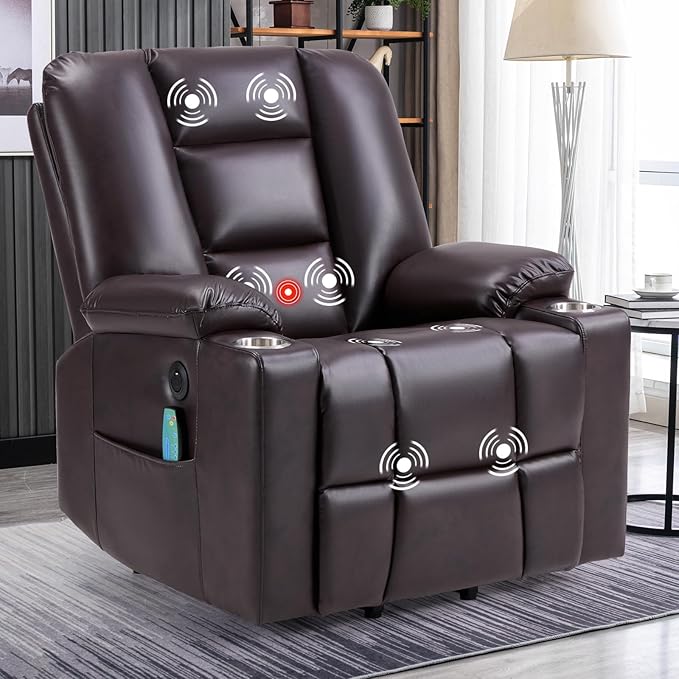 Bonzy Home Power Lift Chair with Heat and Massage Faux Leather Lift Recliner Chair for Adults Elderly Upholstered Recliner with 2 Cup Holders Side Pocket USB and Type-c Port Brown