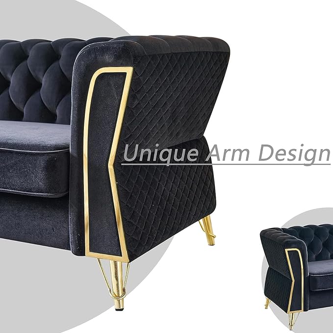 KEVINSPACE 87.4 Velvet Modern Chesterfield Tufted 3 Seater Button Sofa Mid Century with Unique Arms for Living Room Bedroom Small Space - Black