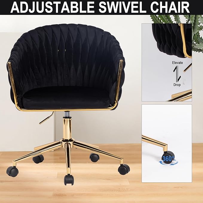 Velvet Office Chair with Hand Woven Black Vanity Chairs with Golden Wheels 360° Swivel Home Office Desk Chair Computer Chairs Accent Chair Makeup Chair for Bedroom Living Room(Black)