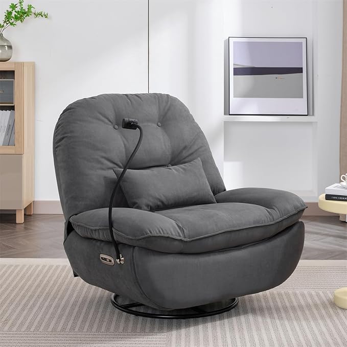 Power Recliner Sofa Chair 270 Degree Swivel Leisure Single Sofa with Button Control Wireless Speaker USB Ports Hidden Arm Storage Phone Holder for Living Room Grey Fabric (Without LED)