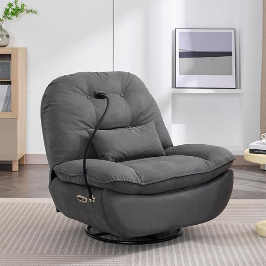 Power Recliner Sofa Chair 270 Degree Swivel Leisure Single Sofa with Button Control Wireless Speaker USB Ports Hidden Arm Storage Phone Holder for Living Room Grey Fabric (Without LED)