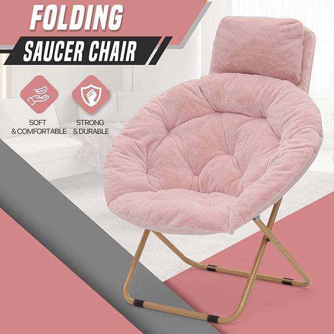 Round Comfy Saucer Chair with Headrest Large Cozy Metal Frame Cozy Lounge Lazy Chair Folding Faux Fur Saucer Chair for Adults Foldable Papasan Moon Chair