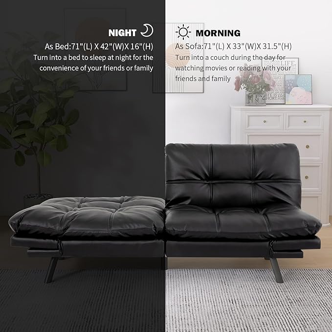 Hcore Convertible Futon Sofa Bed CouchMemory Foam Futon Couch BedLoveseat Sleeper Sofa BedSmall Splitback Faux Leather Modern Sofa Couch for Living RoomOfficeApartmentMatte Black