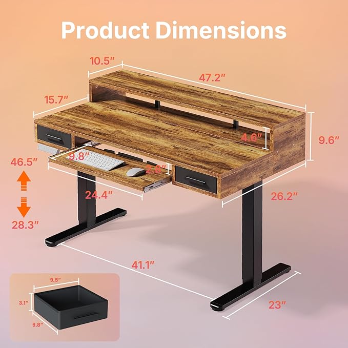 HUANUO 48″ x 26″ Electric Standing Desk with 2 Drawers &amp24.4″ Large Keyboard Tray C-Clamp Mount Compatible Adjustable Computer Desk for Office Sit Stand Up Desk with 4 Height Presets Vintage B