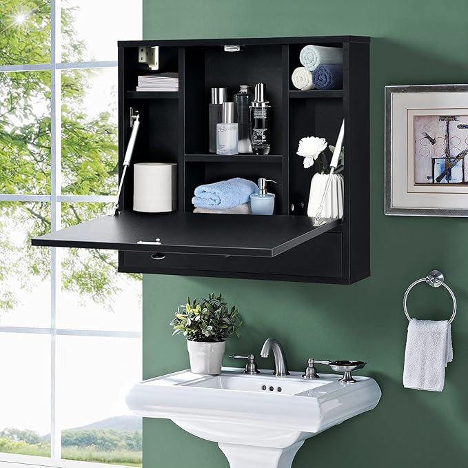 Wall Mounted Desk Floating Laptop Computer Desk Folding Wall Table with Storage Drawer and Shelves Space Saving Hanging Drop Leaf Table for Small Spaces (Black)