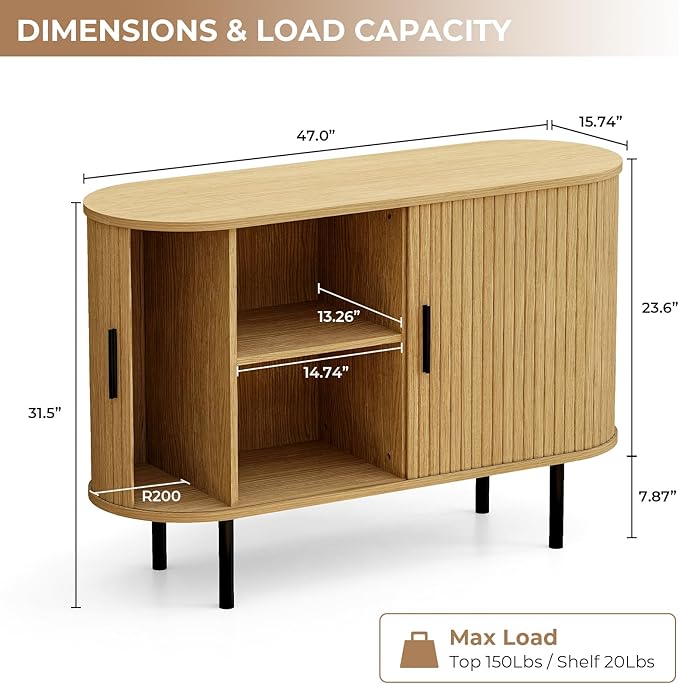 BREEZEHEAT 47 Mid Century Modern TV Stand-Fluted Sideboard Buffet Cabinet –Tambour Credenza Console Table w/Sliding Doors &amp Adjustable Shelves–Small TV Stand for Living Room/Bedroom