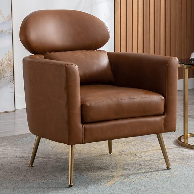 Accent Chair Upholstered Barrel Arm Chair for Living Room Bedroom Reception Room Office Modern Soft Padded Single Sofa Chair with Golden Legs &amp Lumbar Pillow PU Brown