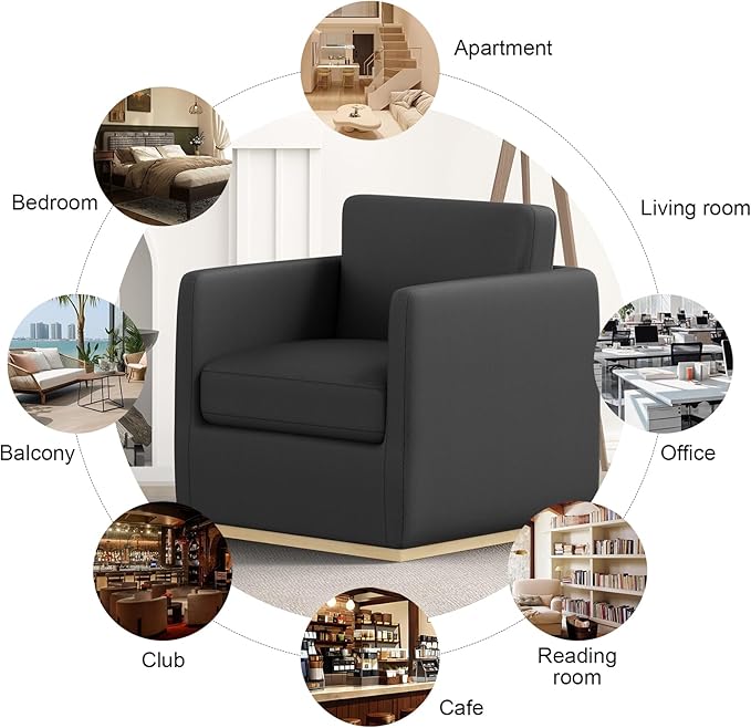 Swivel Barrel Chair Premium Comfy Round Accent Chair for Living Room Mid Century Modern Reading Chair for Adults Armchair for Small Spaces Bedroom Side Chairs for Home/Office/Leather Black