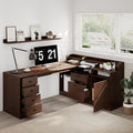 78 L Shape Executive Desk - Large Office Desk with Drawers and Cabinet Storage Business Furniture with Charging Station &amp USB Ports Modern Computer Desk for Home Office Brown