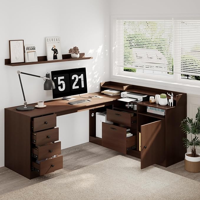 78 L Shape Executive Desk - Large Office Desk with Drawers and Cabinet Storage Business Furniture with Charging Station &amp USB Ports Modern Computer Desk for Home Office Brown