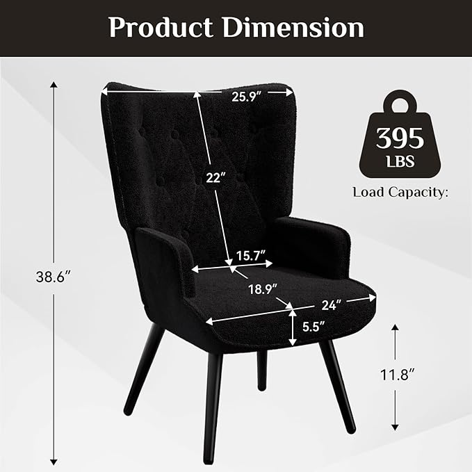 TLSUNNY Accent Chair Comfy Upholstered Armchair with Metal Legs High Backrest Living Room Chair Wingback Chair Mid Century Modern for Living Room/Vanity/Bedroom Teddy Fabric Black (1 pc)