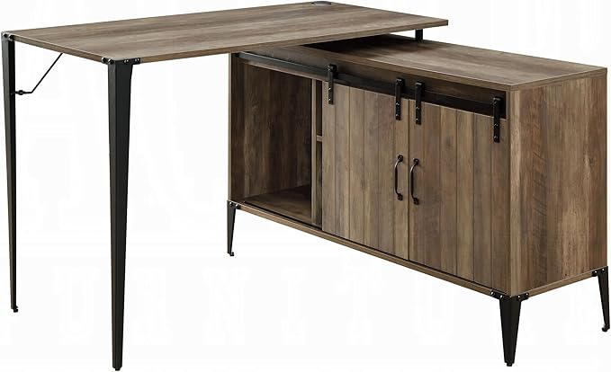 Rustic Oak Computer Writing Work Study Desk with Sliding Barn Door Office Table for Study and Home Office