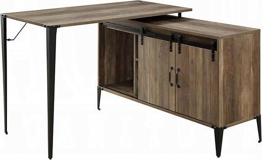 Rustic Oak Computer Writing Work Study Desk with Sliding Barn Door Office Table for Study and Home Office
