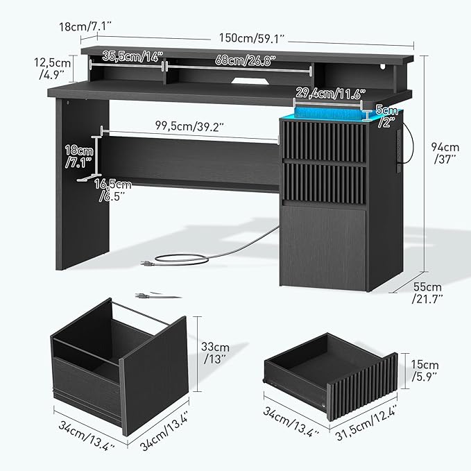 59 Executive Desk with Drawer Fluted Computer Desk with File Drawer &amp Monitor Stand Home Office Desk with Power Outlet LED Light Modern Fluted Computer Writing Desk with Storage Black