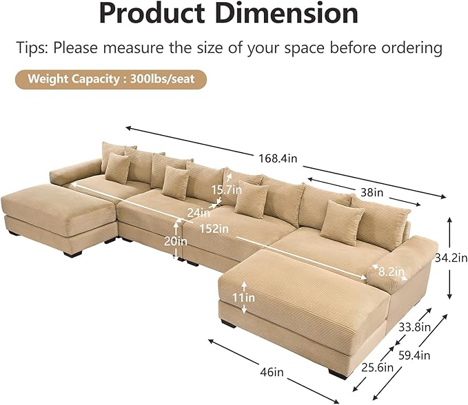 168.4 Oversized Modular Sectional Sofa Corduroy Large Sectional Couches for Living Room 4 Seater Couches with 2 Movable Ottomans Modern Deep Seat Sofa Set U Shaped Camel