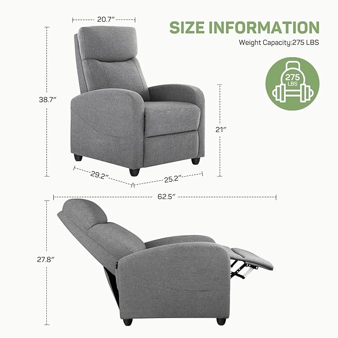Recliner Chair with Massage and Lumbar Support Small Fabric Home Theater Seating Adjustable Modern Reclining Chair for Adults in Living Room
