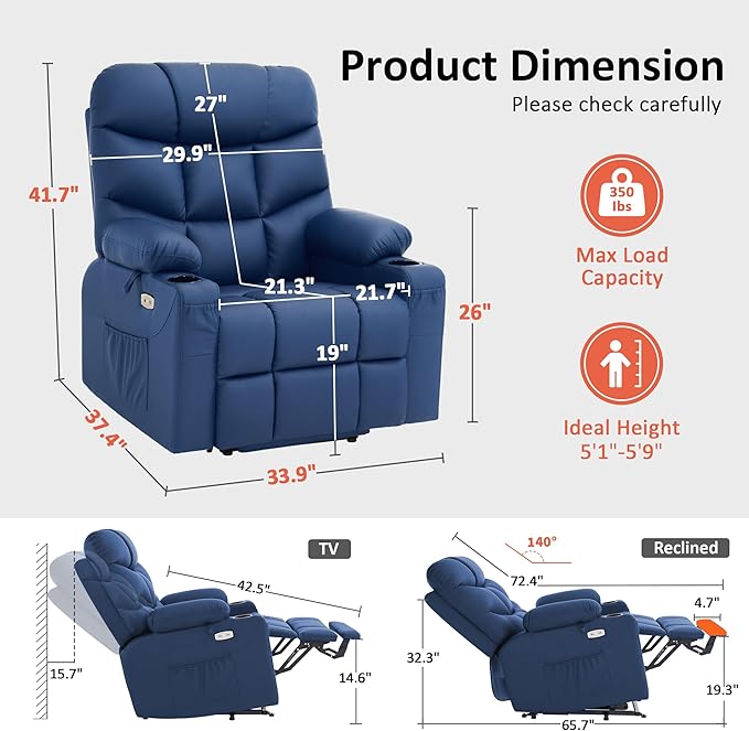 MCombo Power Lift Recliner Chair with Extended Footrest for Elderly People Faux Leather 7287 (Navy Blue Medium)